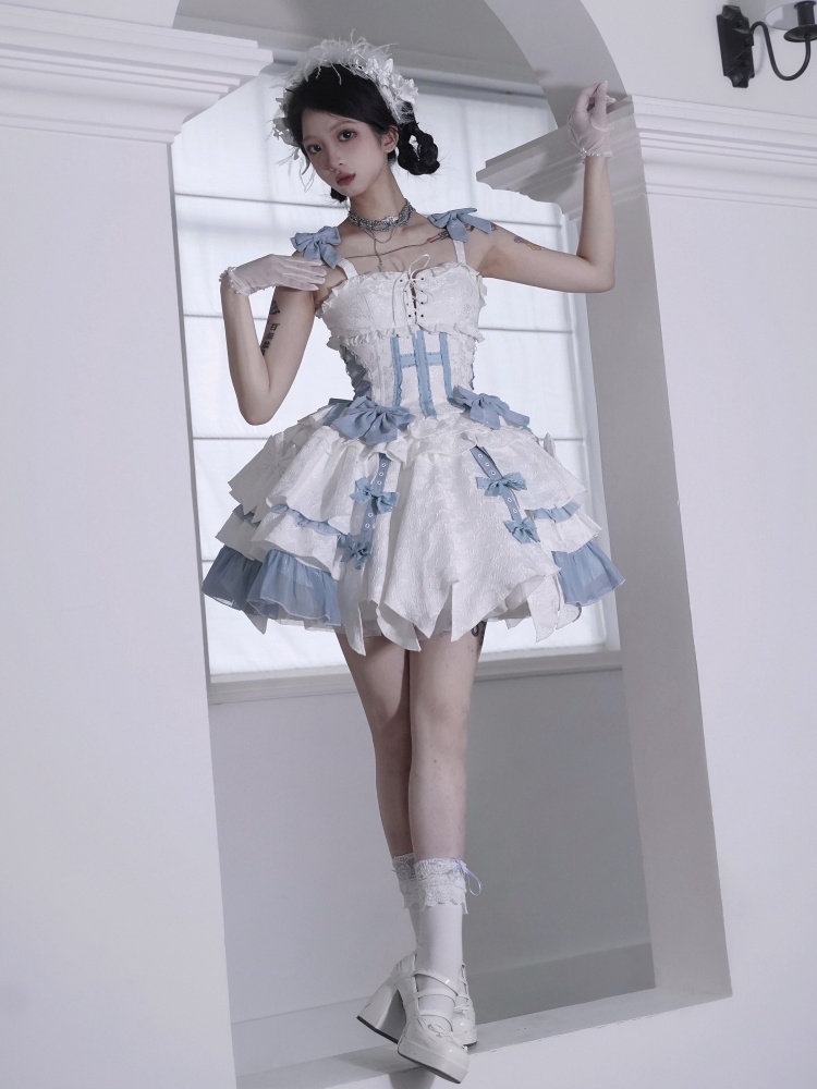 [$102.25]White and Blue Hime Lace-up Details Corset Top + Skirts Set