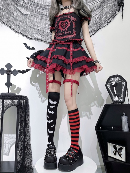 [£58.58]Black and Red Punk Set- Cross Print Top + Lace Trim Mini Skirt with Bloomers