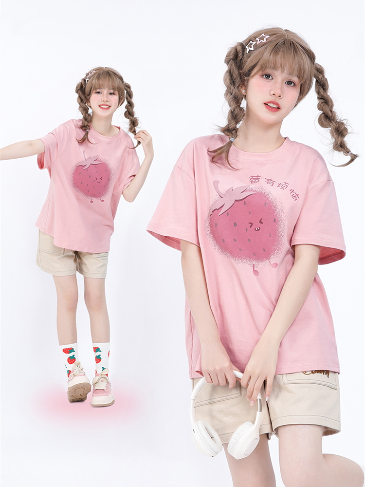 Kawaii Strawberry Milk Print T-shirt - Kawaii Fashion Shop