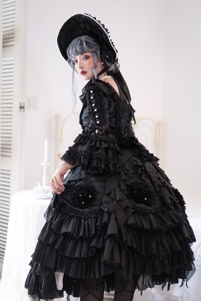 Flounce Layered Black Hanayome Skirt Tea Party Rococo Style Skirt ...
