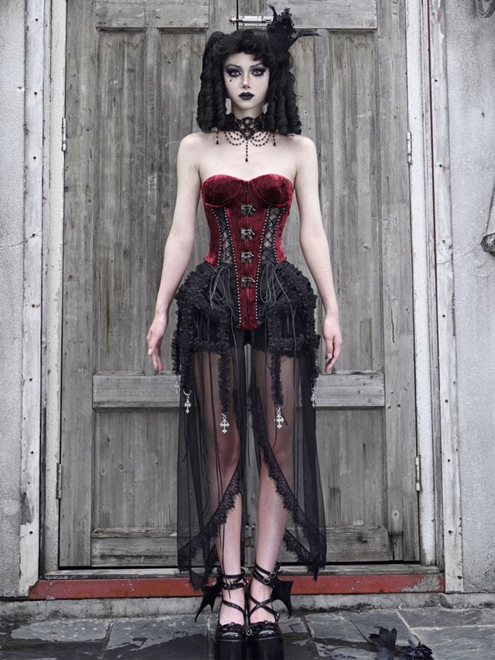 Gothic Vampire Black and Wine Red Birdcage Skirt and Bustier