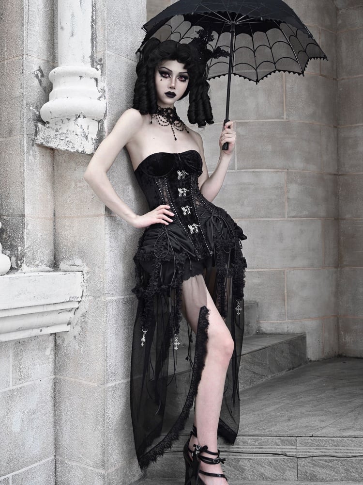 Gothic Vampire Black and Wine Red Birdcage Skirt and Bustier
