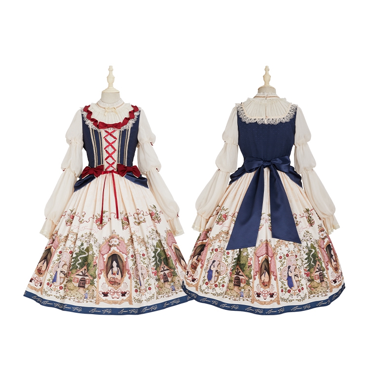 Fake Two-pieces Design Snow White Dress White and Dark Blue One Piece