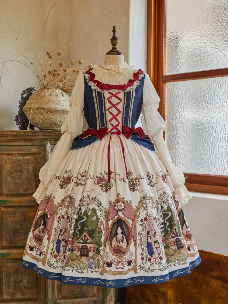 Fake Two-pieces Design Snow White Dress White and Dark Blue One Piece