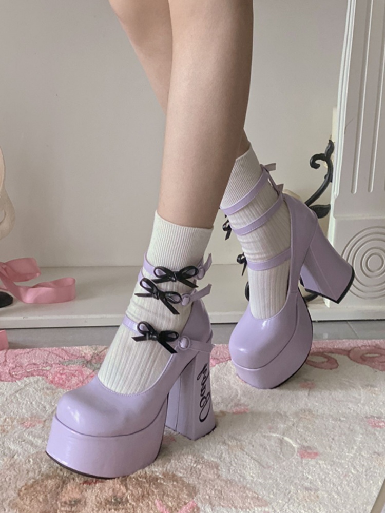 Knotted Bow Accents Purple High Block Heel Platform Shoes