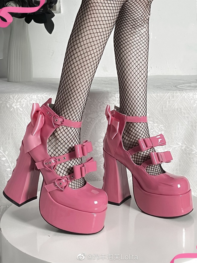 Bow Accents Barbie Pink Platform Lace-up Block High Heel Shoes