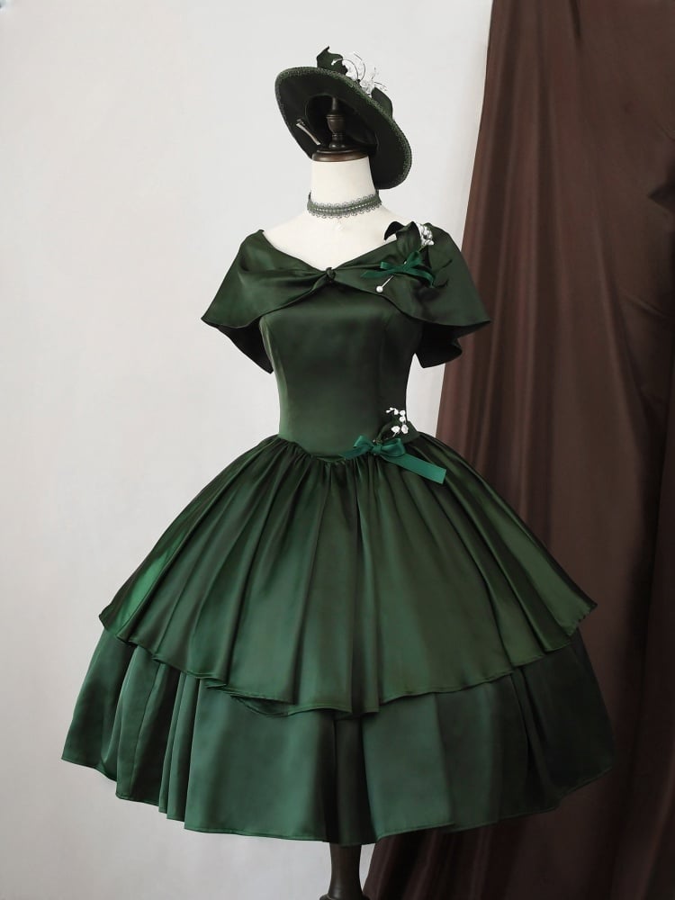 1950 年代のヴィンテージ グリーン V ネック エレガント ドレス