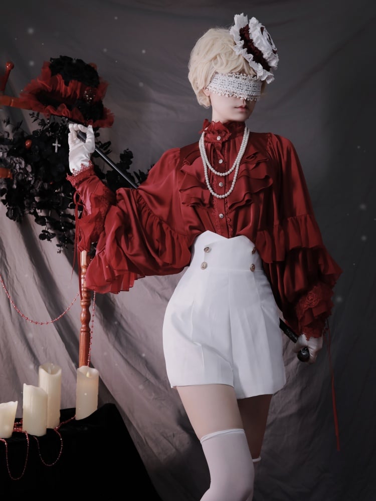 Balloon Long Sleeves with Layered Flounce Gothic Red Blouse