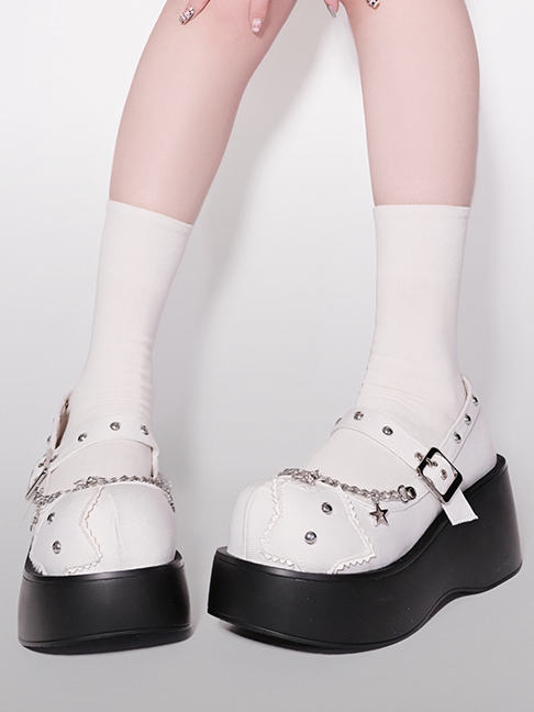 Skull Chain Decorated Denim White Stars Platforms Punk Shoes