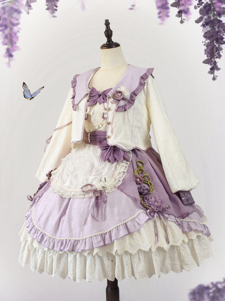 花柄白と紫のワンピース+長袖トップスセット