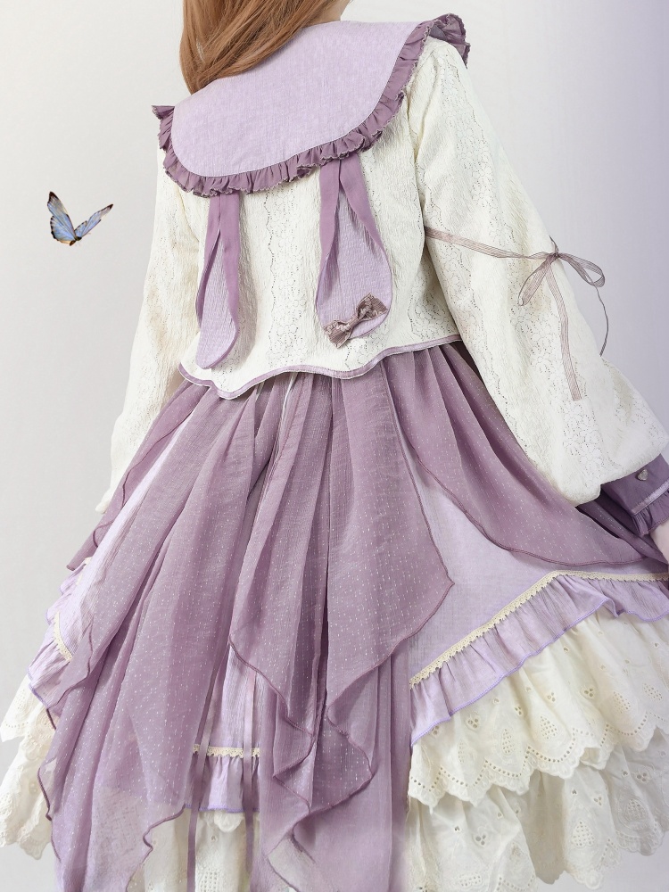 花柄白と紫のワンピース+長袖トップスセット