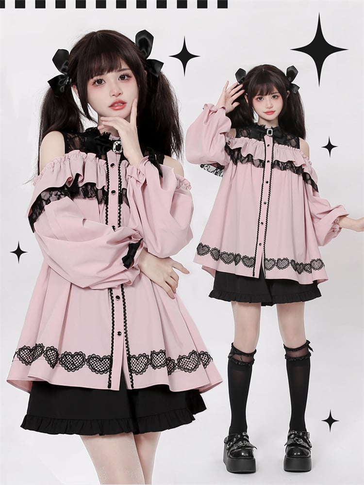 Illusion Neckline Jirai Kei Pink Blouse/ Black Shorts Landmine Style Set