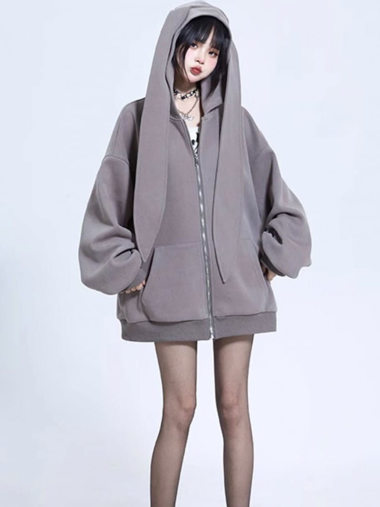 Oversized Bunny Ears Zip Closure Hoodie 5 Color Options