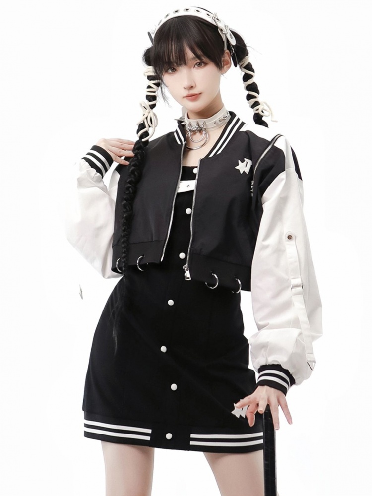 Black and White Cropped Baseball Jacket