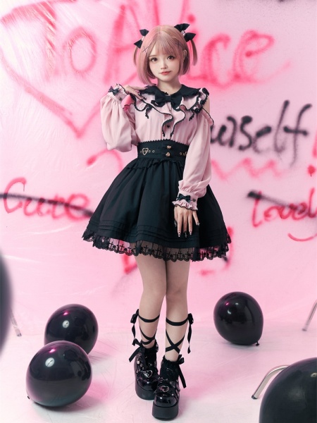 EverythingCuteClub JIRAIKEI Black Pink Strap Mini Skirt Shirt / Pink