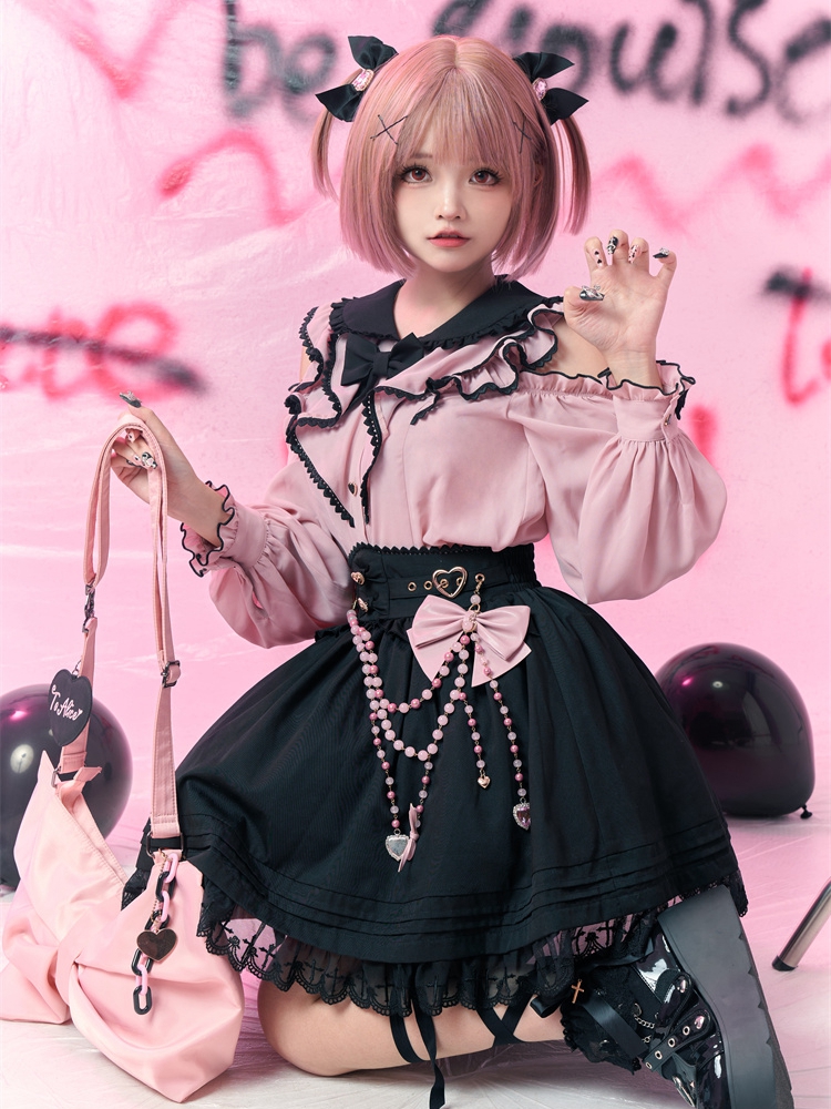 Sweetheart Buttons Black High Waist Jirai Kei Skirt