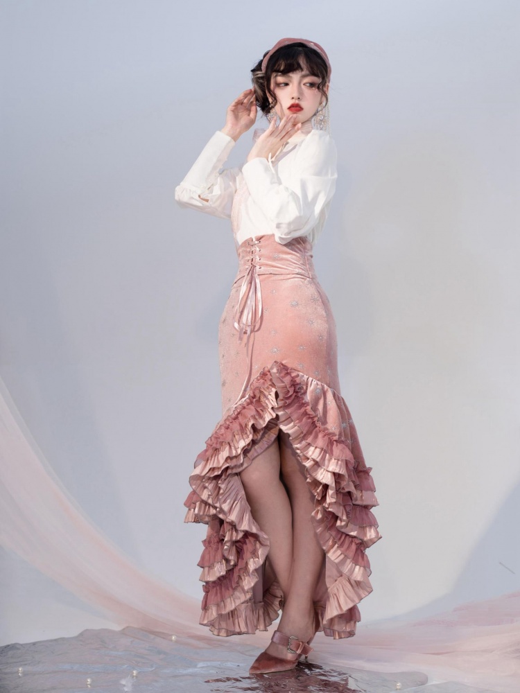 [$98.11]Pink Starry Mermaid Skirt Thigh-high Slit