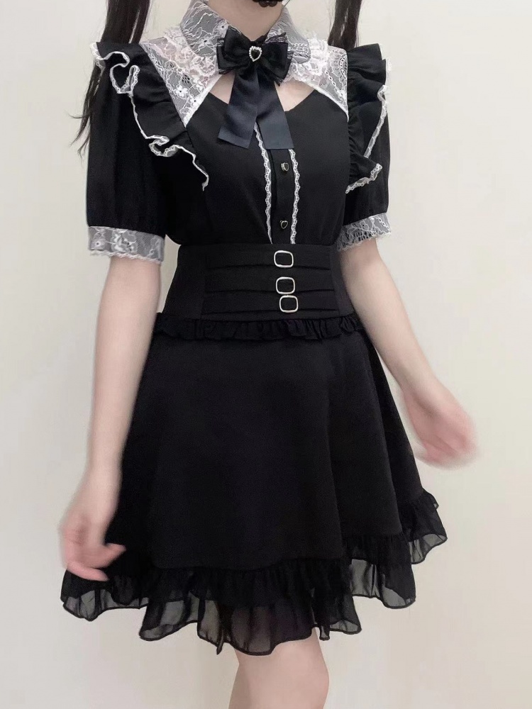 Black Lace Trim Jirai Kei Blouse with Bow Tie