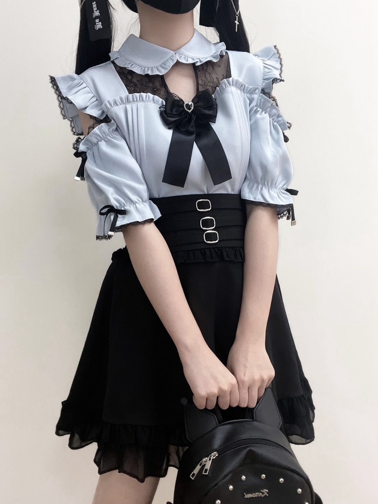 Blue Cutout Shoulder Jirai Kei Blouse with Bow Tie