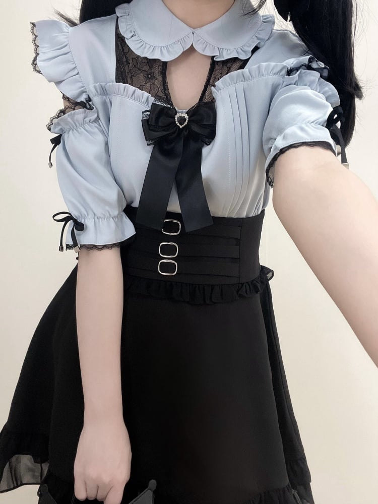 Blue Cutout Shoulder Jirai Kei Blouse with Bow Tie