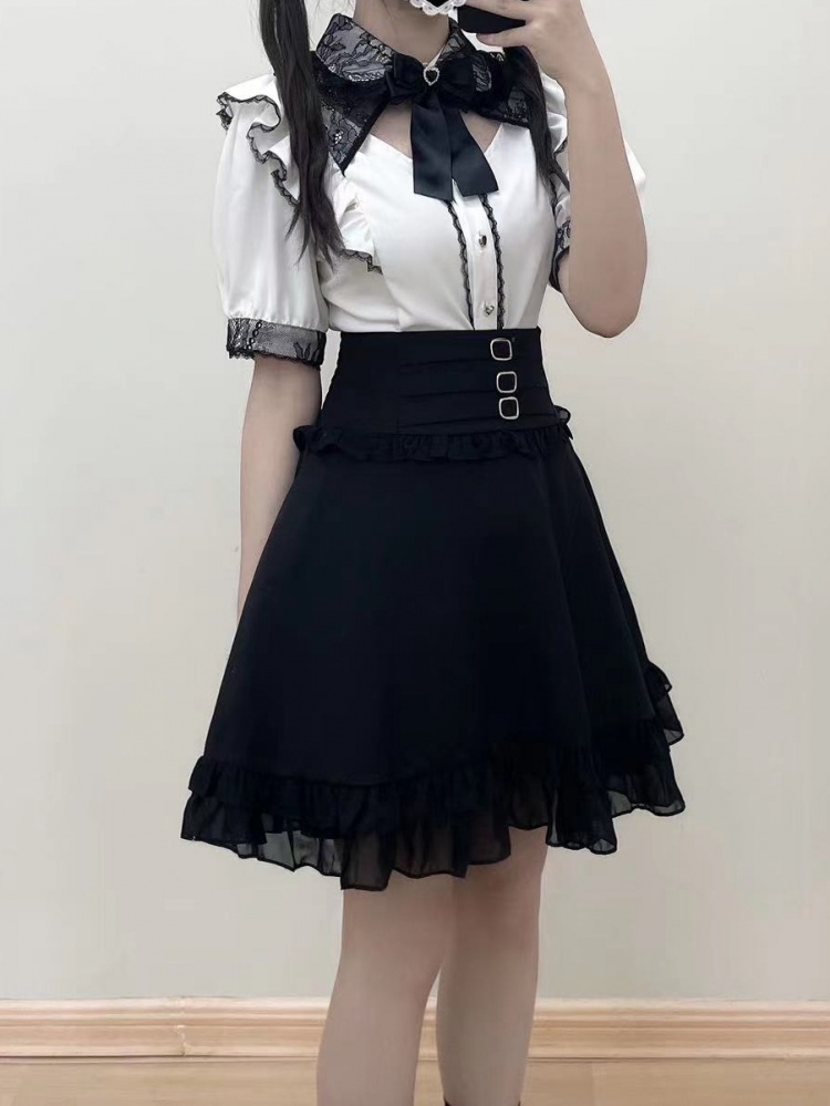 [$42.70]White Lace Trim Jirai Kei Blouse with Bow Tie