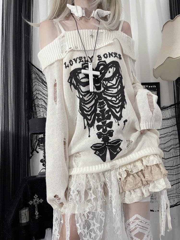 Butterfly Bone Punk White Off-the-shoulder Sweater