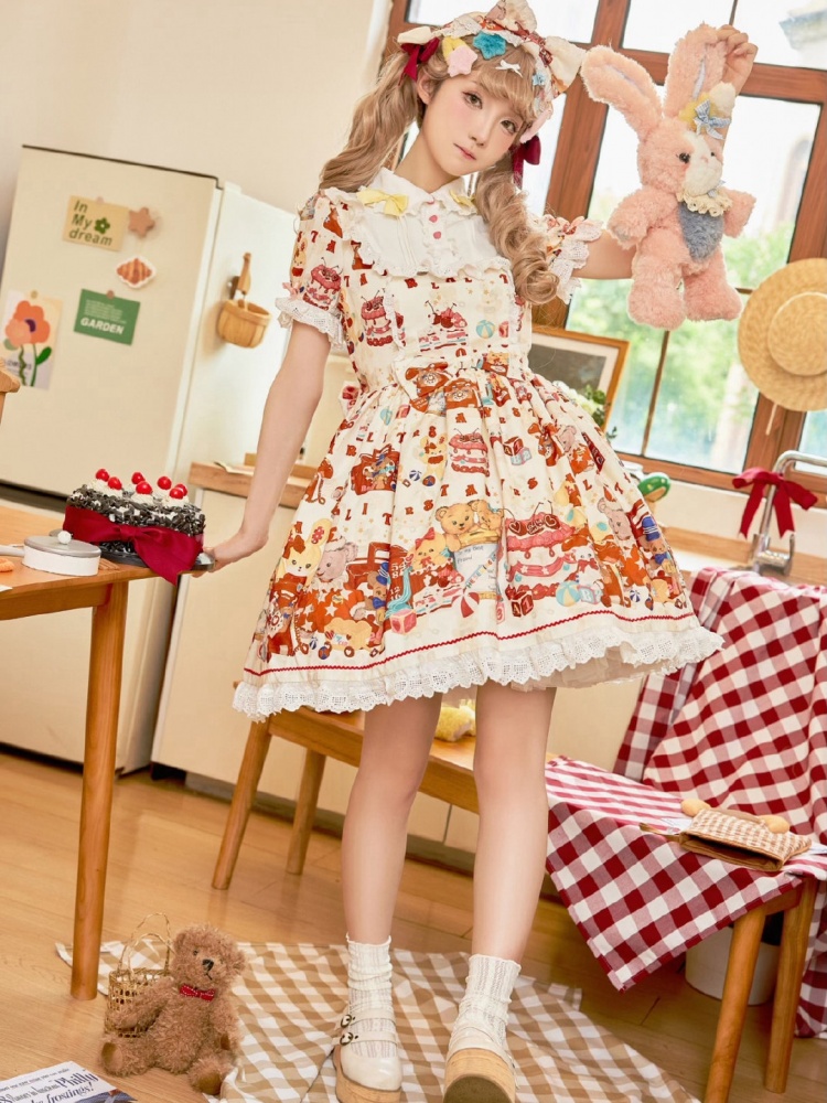 [$87.00]Sweet Teddy and Toys Print Off-white One Piece