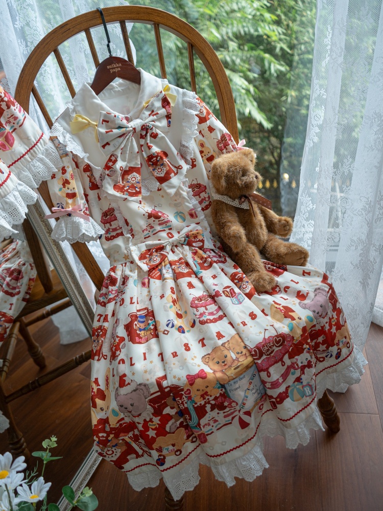 Sweet Teddy and Toys Print Off-white One Piece