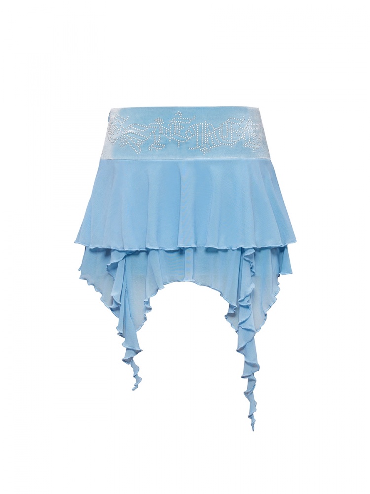 Blue Handkerchief Hem Velvet Skirt