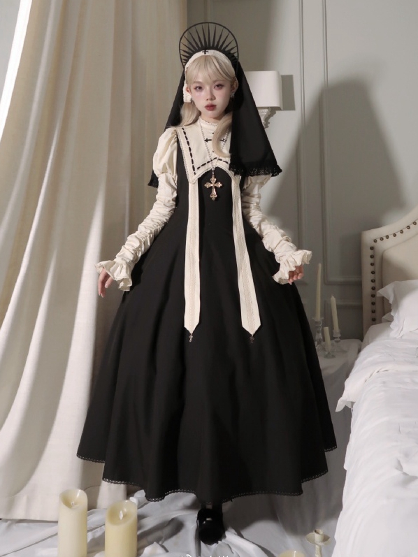 Black Cross Embroidery Nun One Piece Juliette Sleeves Gothic Dress Long  Version Halloween Outfits