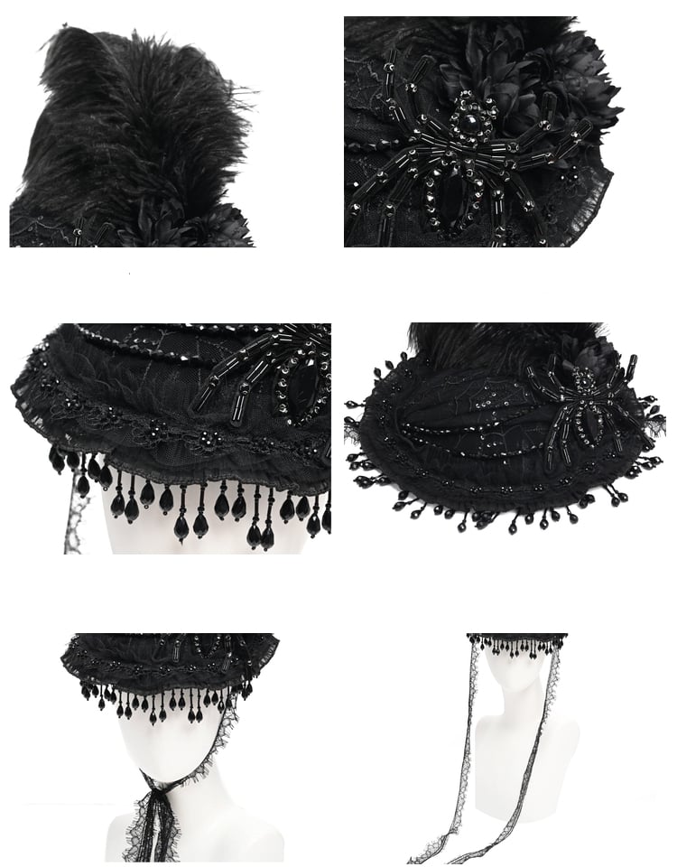 Victorian Gothic Spider Design Feathered Black Duchess Hat