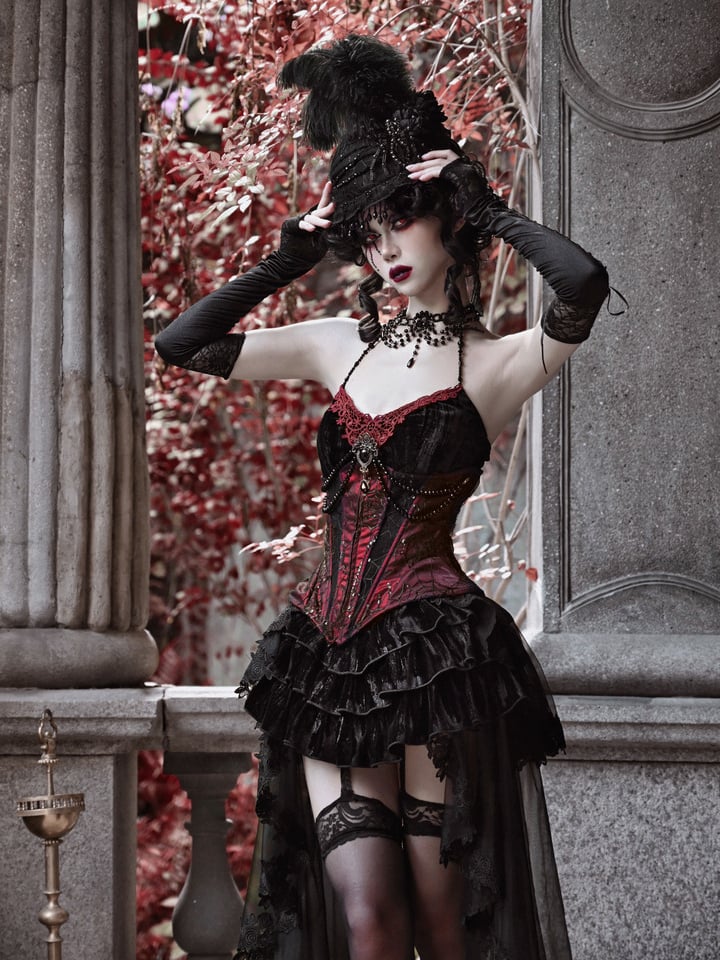 Rose Blooming Black and Red Gothic Burlesque Corset Prom Party High-Low  Dress 