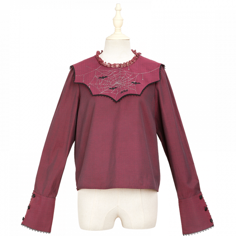 Halloween Red Bat Cobweb Embroidery Collar Gothic Blouse