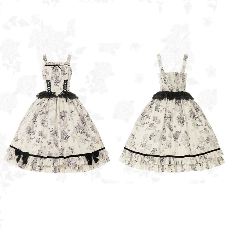 Elegant Rosette Print Beige and Black Basque Waist Jumper Skirt