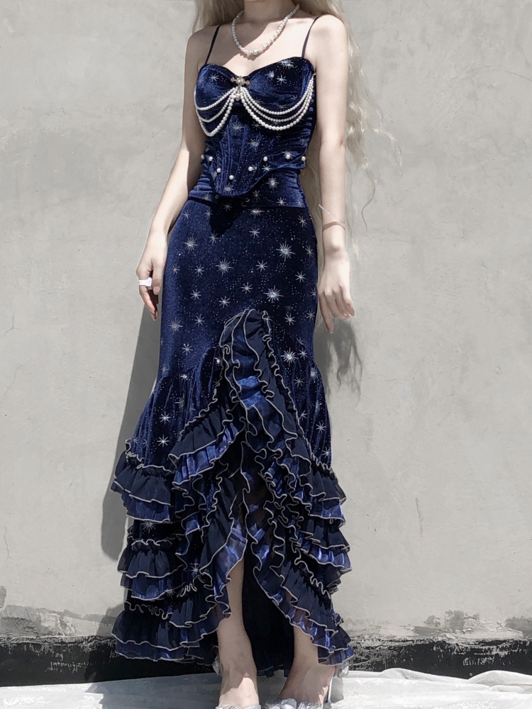 Dark Blue Starry Mermaid Skirt Thigh-high Slit