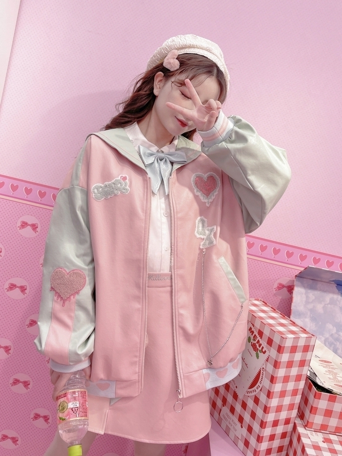 Letters Patch Pink and Green Sailor Collar PU Jacket