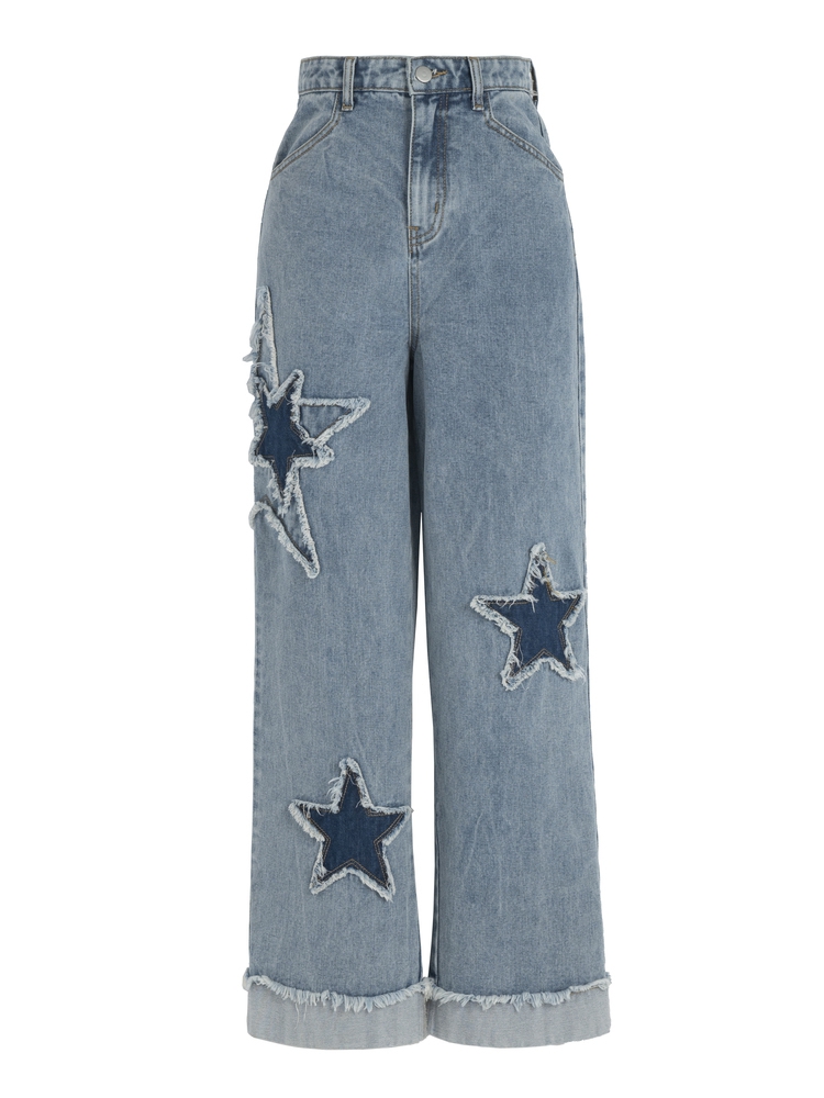 Stars Applique Blue Straight Leg Jeans