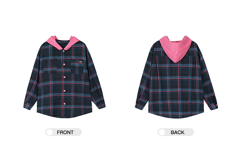 Blue and Pink Plaid Hooded Shirt Jacket