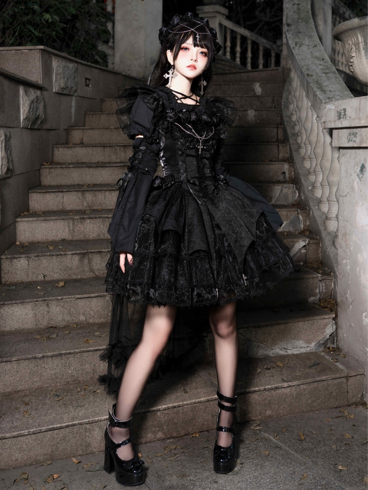 Gothic Black Roses Cross Chain Neckline Halloween Jumper Skirt/Full Set