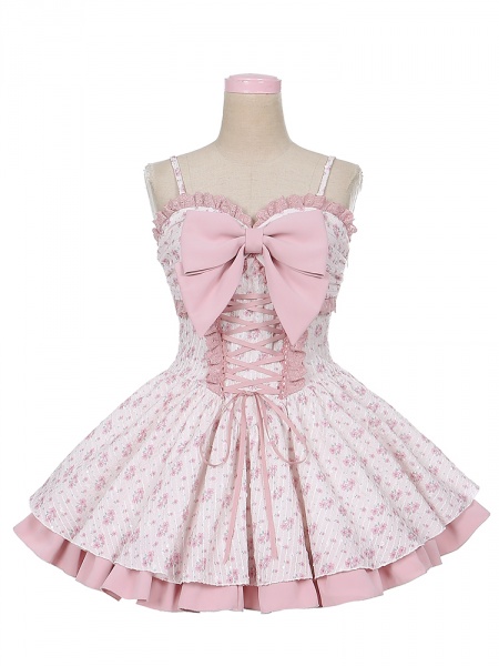 [$94.75]Big Bow Sweetheart Neckline Pink Floral Dress