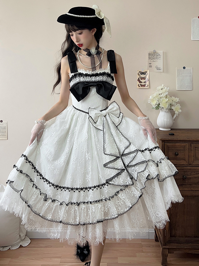 [$87.00]White High Waist Lace Princess Elegant Jumper Skirt