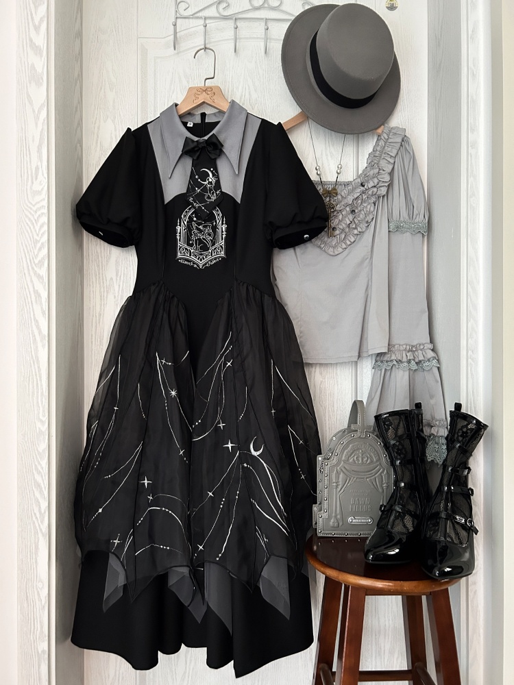 Black Embroidered Bat Overlay Skirt One Piece with Detachable Sleeves