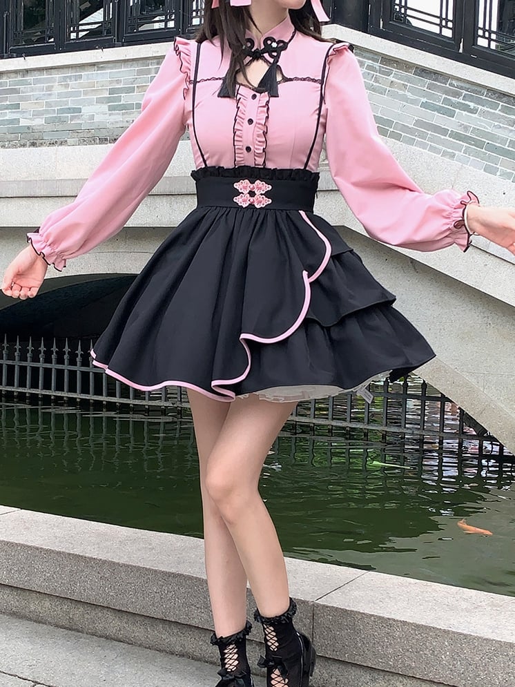 [$89.00]Landmine Style Full Set - Pink Long Sleeves Jirai Kei Blouse +  Black Suspender Skirt Asymmetrical Overalls