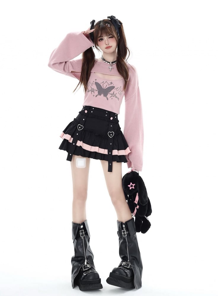 Black and Pink Tiered Ruffles Mini Skirt