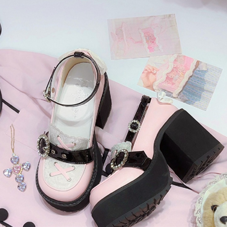 Jirai Kei Pink and Black Platform Chunky Heels Landmine Style Shoes