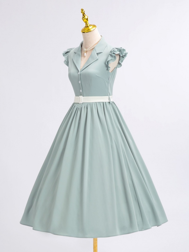 [¥7,967円][USサイズ] 1950年代レトロファッションダスティミントグリーンブレザーカラーヴィンテージドレス