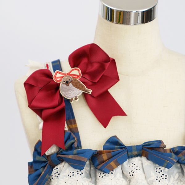 [£6.25]Red / White Sparrow Embroidery Bowknot Hairclip