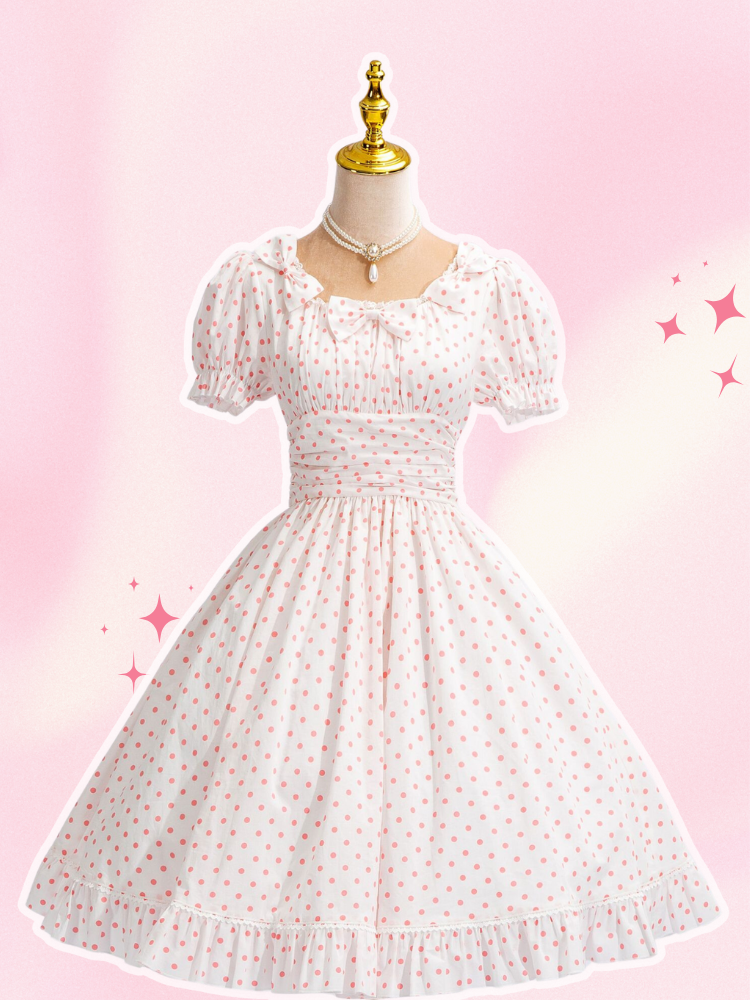 US Size] Pink Polka Dots White Cotton Dress Bowknots Around the