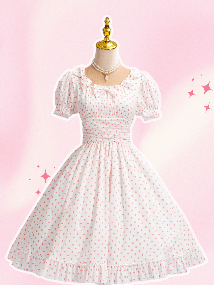 [$59.00][US Size] Pink Polka Dots White Cotton Dress Bowknots Around the  Lace Trimmed Neckline