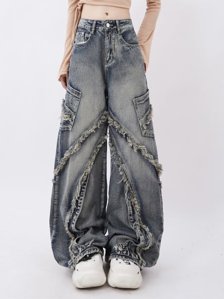 [$42.70]Faded Wash Raw Edge Blue Jeans